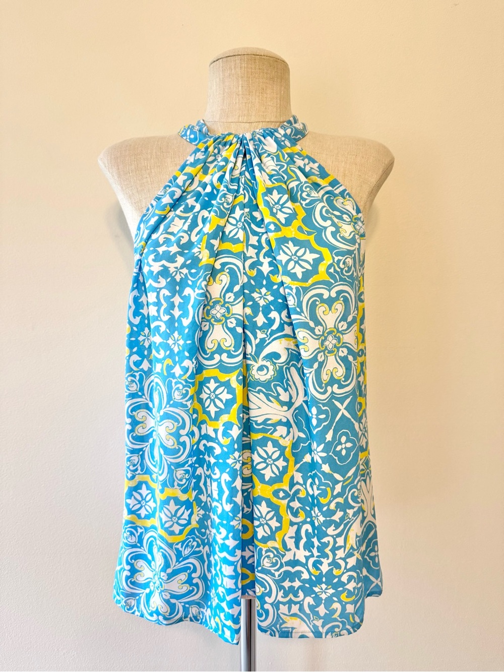 Ann Taylor Blue Yellow Tile Halter Top Blouse Petite Large Amalfi Resort Cruise - Picture 3 of 13